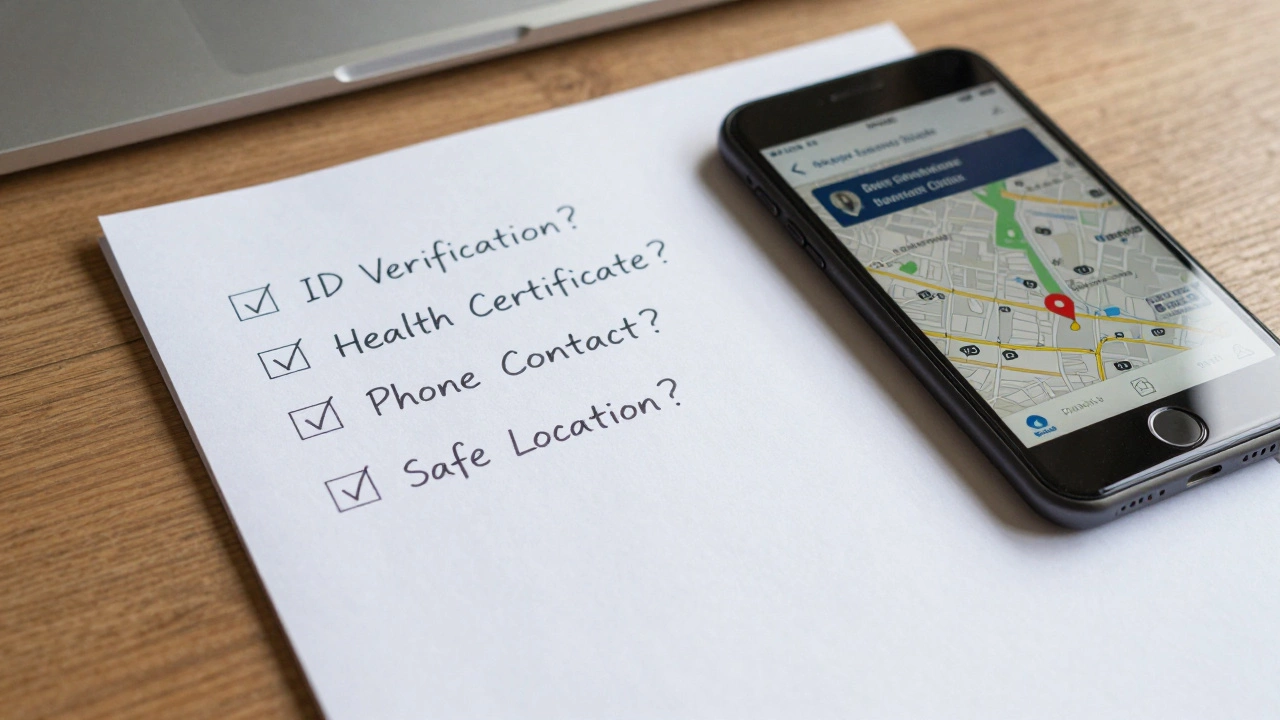 A handwritten checklist with safety verification items beside a smartphone showing encrypted messages.
