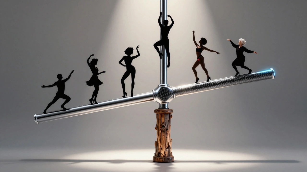 A pole evolving through history from speakeasy to Olympic sport, with silhouettes of dancers.