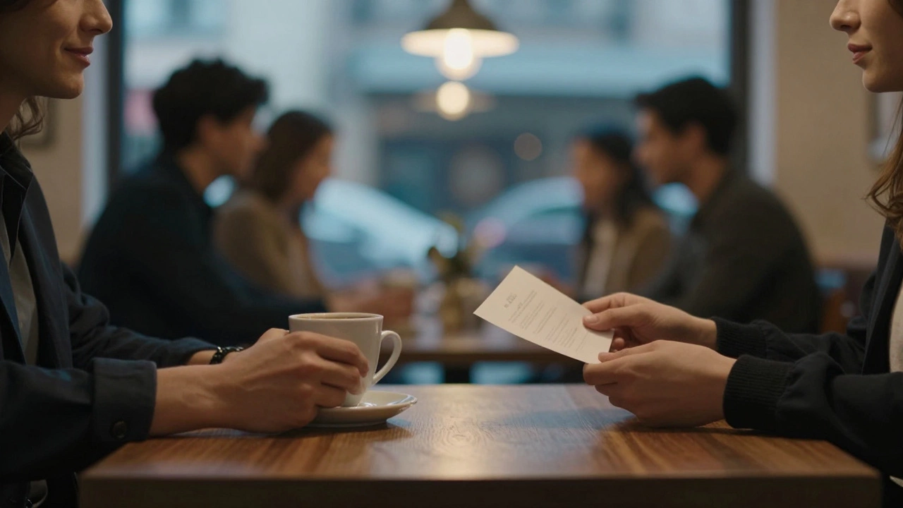 Two hands reaching across a café table, conveying quiet trust and clear communication.